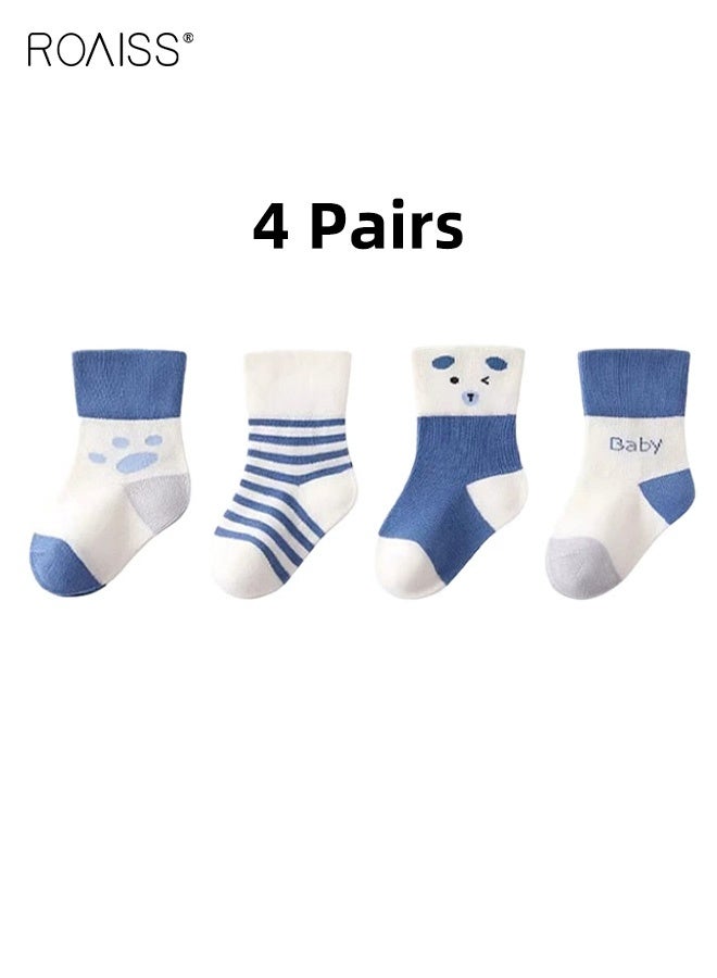 رويس مجموعة من 4 أزواج من الجوارب للأطفال، جوارب بطول منتصف الساق بنقوش جميلة، جوارب طويلة مرنة وناعمة للأطفال الصغار، جوارب طويلة بنقوش كرتونية للجنسين، مناسبة لجميع الفصول - Image 1