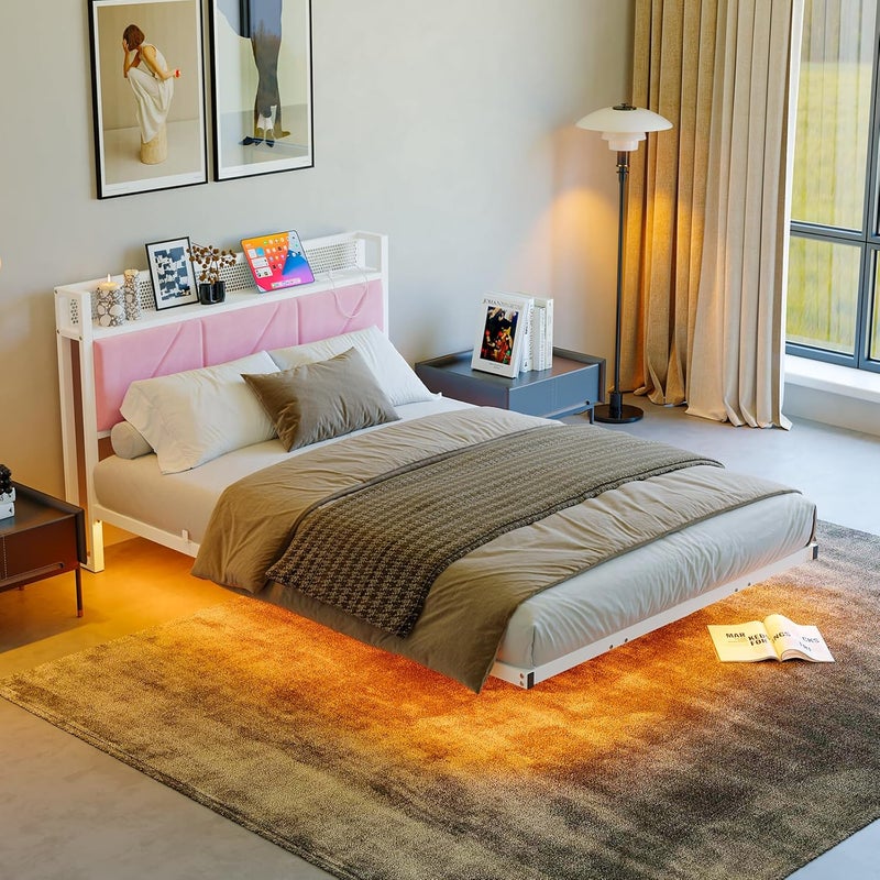 إطار سرير مزدوج عائم مع أضواء LED ومحطة شحن USB، إطار سرير معدني مقاس 135x190 سم مع لوحة رأس مبطنة 3 أقدام وتخزين، شرائح معدنية متينة، خالٍ من الضوضاء / وردي - Image 1
