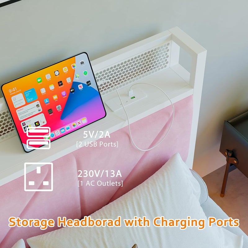 إطار سرير مزدوج عائم مع أضواء LED ومحطة شحن USB، إطار سرير معدني مقاس 135x190 سم مع لوحة رأس مبطنة 3 أقدام وتخزين، شرائح معدنية متينة، خالٍ من الضوضاء / وردي - Image 5