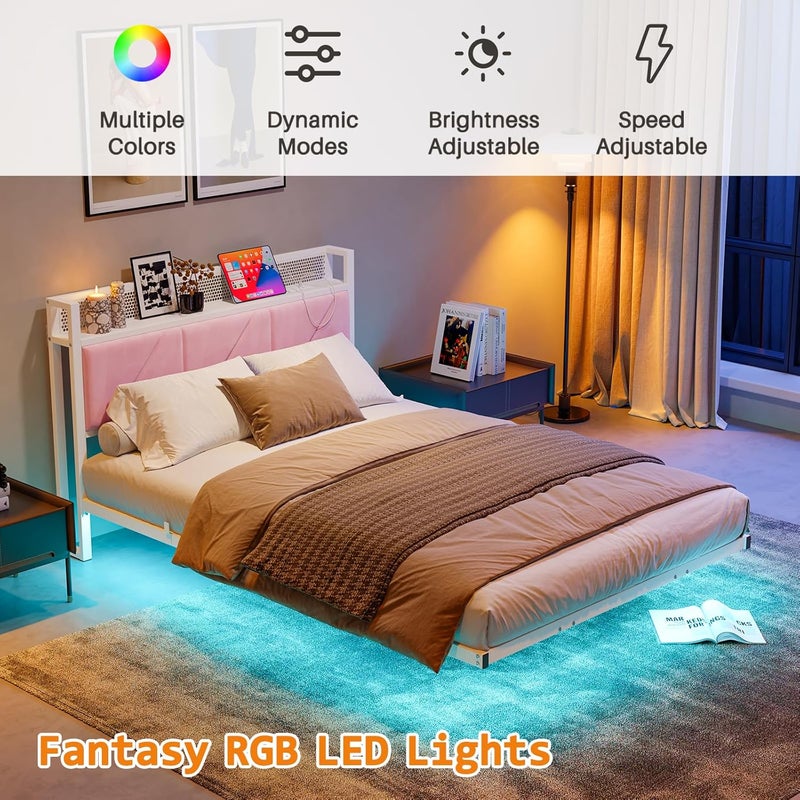 إطار سرير مزدوج عائم مع أضواء LED ومحطة شحن USB، إطار سرير معدني مقاس 135x190 سم مع لوحة رأس مبطنة 3 أقدام وتخزين، شرائح معدنية متينة، خالٍ من الضوضاء / وردي - Image 4