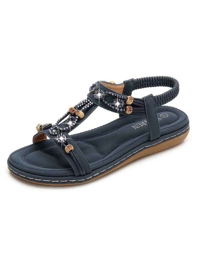 NIBEMINENT Women Sandals  Flat Sandals Women Summer Bohemia Style Rhinestone Comfortable Beach Shoes Women  - Image 1