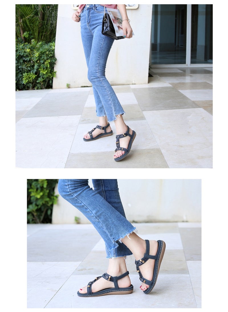 NIBEMINENT Women Sandals  Flat Sandals Women Summer Bohemia Style Rhinestone Comfortable Beach Shoes Women  - Image 2