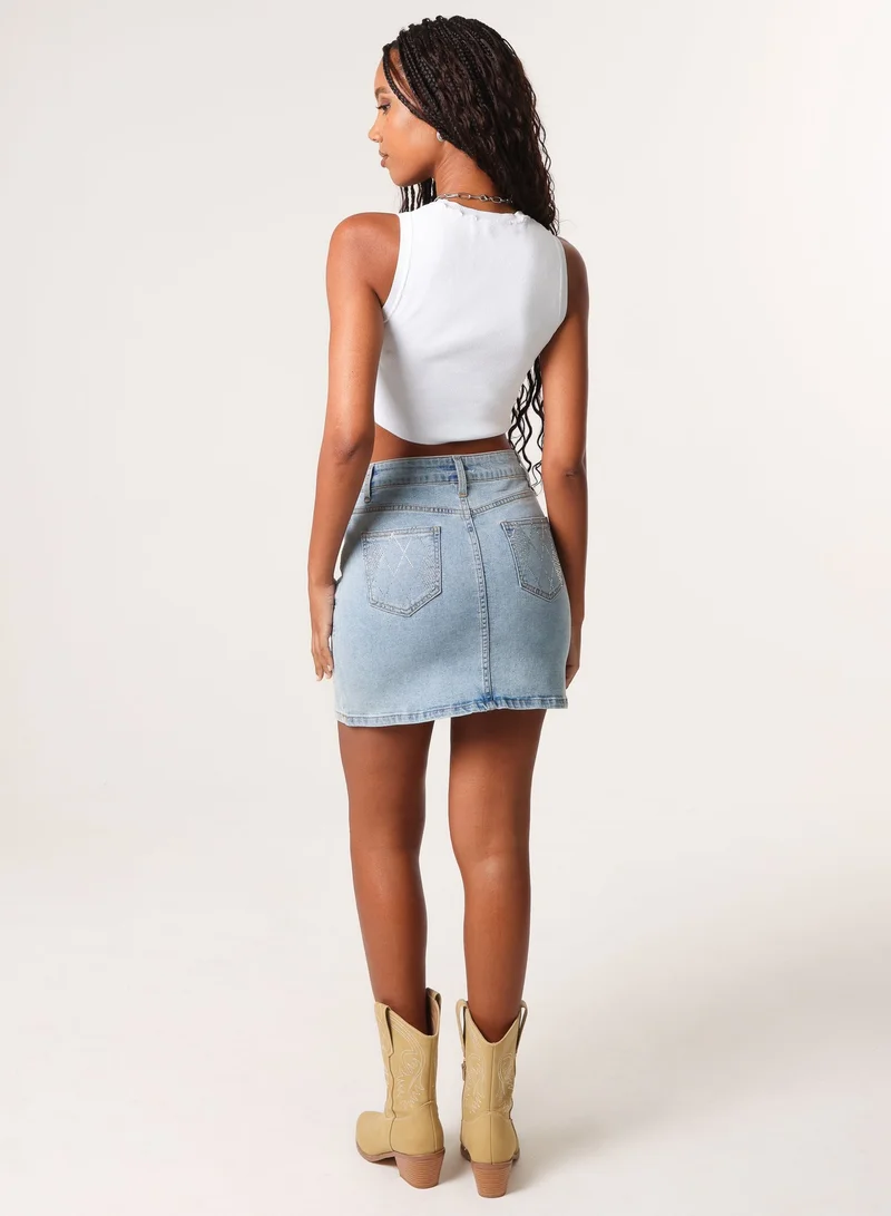 بينك فانيلا Rhinestone Denim Skirt