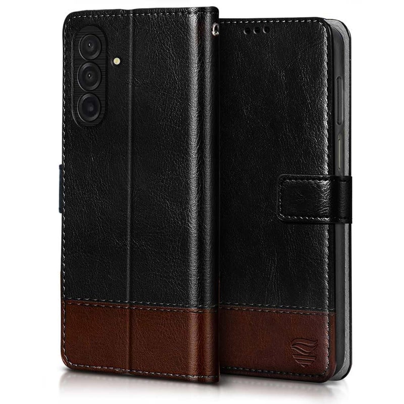 FLIPPED Vegan Leather Flip Case Back Cover for Samsung Galaxy M17 5G | A17 5G | F17 5G (Flexible, Shock Proof | Hand Stitched Leather Finish | Card Pockets Wallet & Stand | Black with Brown) - Image 2