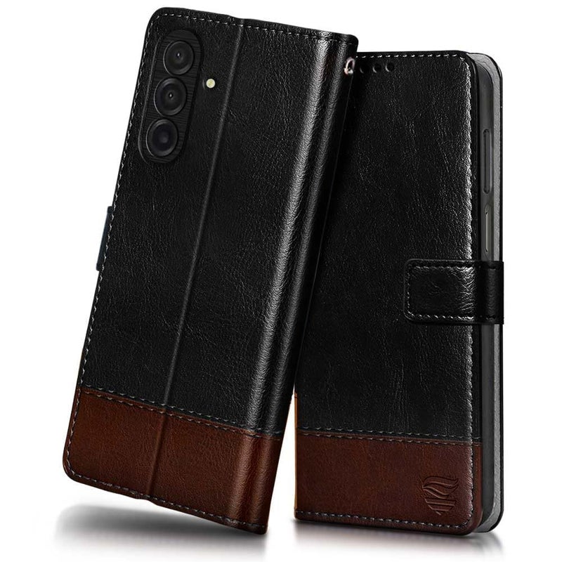 FLIPPED Vegan Leather Flip Case Back Cover for Samsung Galaxy M17 5G | A17 5G | F17 5G (Flexible, Shock Proof | Hand Stitched Leather Finish | Card Pockets Wallet & Stand | Black with Brown) - Image 1