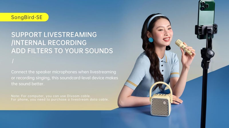 ديفوم سماعة Divoom SongBird-SE 18W بتقنية بلوتوث مزودة بميكروفونين لاسلكيين، تقنية بلوتوث 5.2، منفذ AUX، دعم لبطاقات MicroSD، مدخل سلكي، ميكروفون مدمج، وقت تشغيل يصل إلى 8 ساعات، تصميم مدمج للكاريوكي - اللون أصفر - Image 5