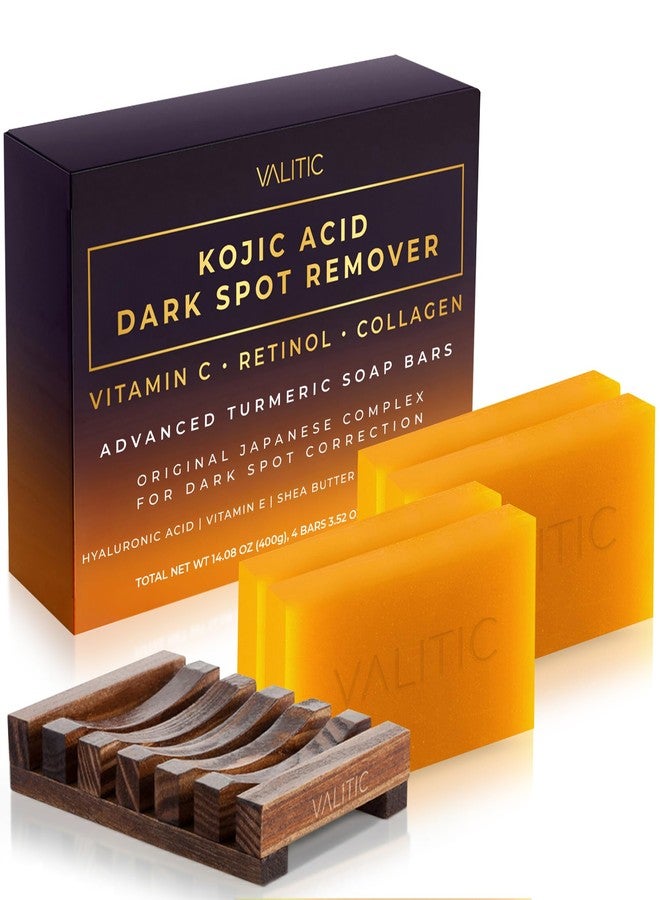 Valitic Kojic Acid Dark Spot Remover Soap Bar with Vitamin C, Retinol, Collagen, Turmeric - Original Japanese Complex - Hyaluronic Acid, Vitamin E, Shea Butter, Castile Oil ( 4 Pack ) With Soap Holder - Image 1