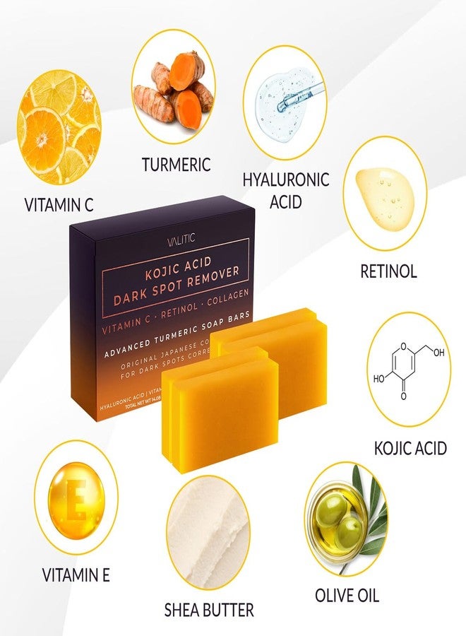 Valitic Kojic Acid Dark Spot Remover Soap Bar with Vitamin C, Retinol, Collagen, Turmeric - Original Japanese Complex - Hyaluronic Acid, Vitamin E, Shea Butter, Castile Oil ( 4 Pack ) With Soap Holder - Image 5