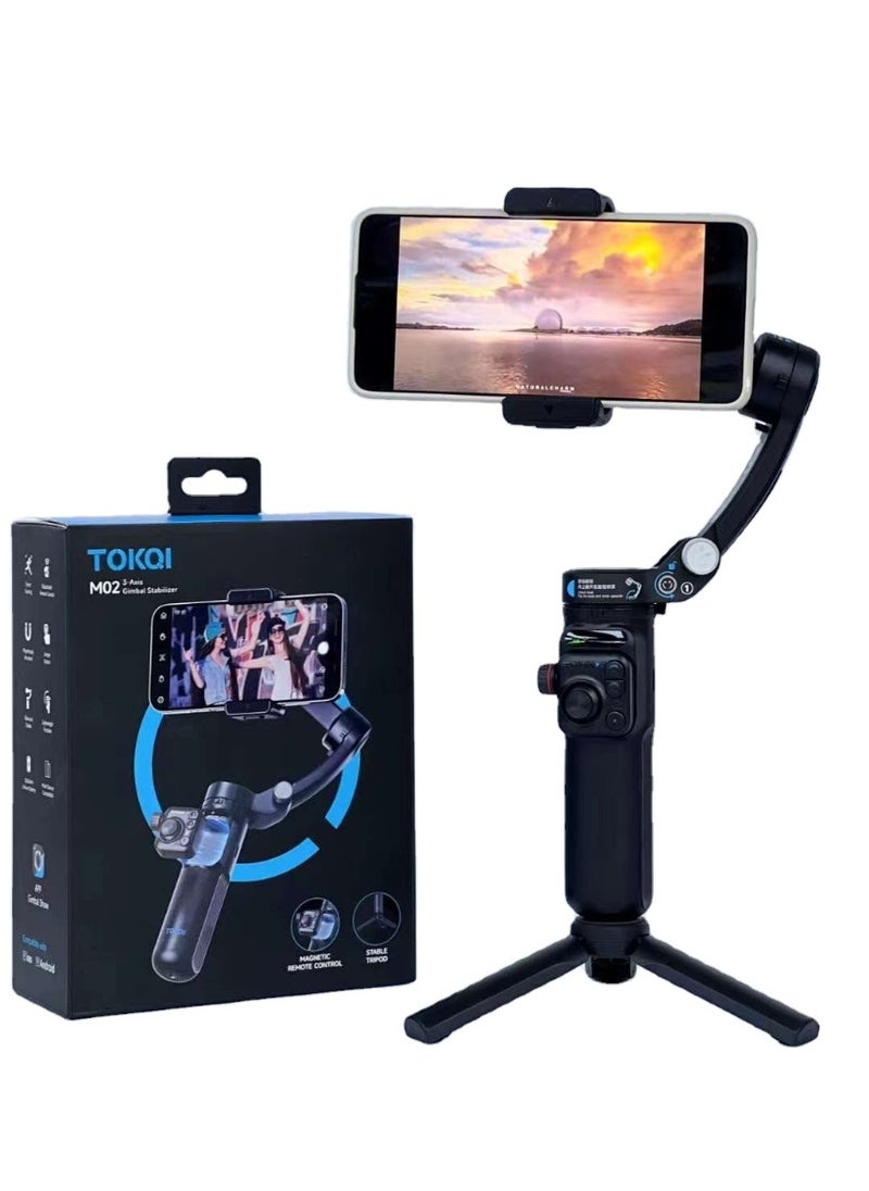 TOKQI New M02 Folding Three-Axis Gimbal Stabilizer Tripod with Smart Face Tracking | Phone Selfie Stick with Adjustable Fill Light | Portable Foldable Design for Smooth Video & Photos | 360° Rotation, Tripod Stand for Live Streaming, Vlogging & Video Calls - Image 1