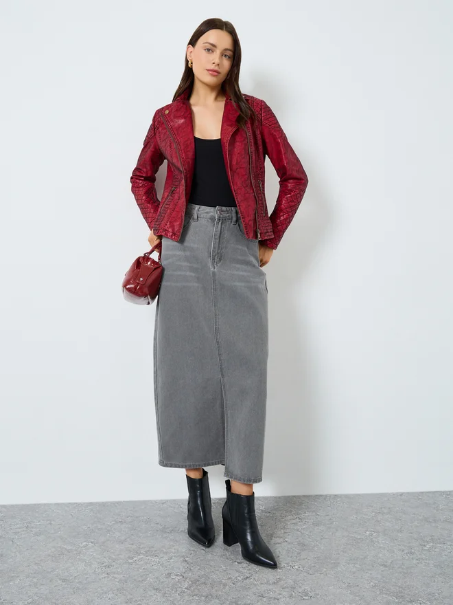 Styli Styli Burgundy Textured Biker Jacket