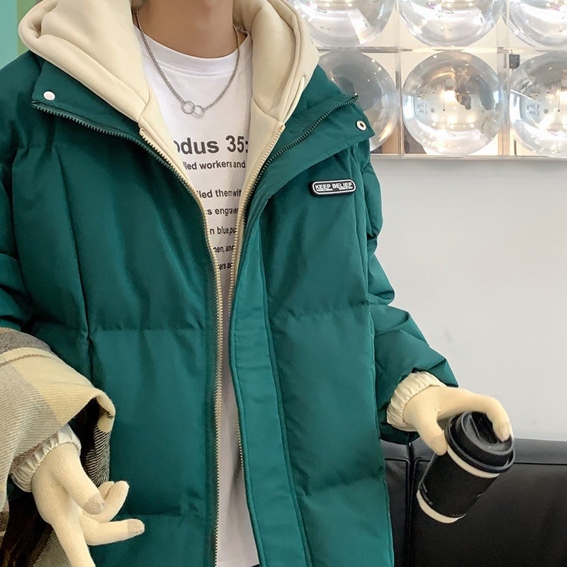 Student Older Children Winter New Hong Kong Style Loose Fake Two-Piece Hooded Cotton-Padded Jacket All-Matching Casual Jacket - Image 3