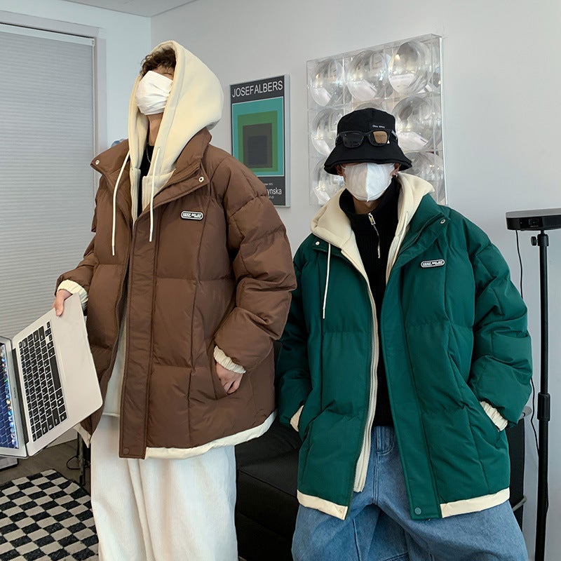 Student Older Children Winter New Hong Kong Style Loose Fake Two-Piece Hooded Cotton-Padded Jacket All-Matching Casual Jacket - Image 2