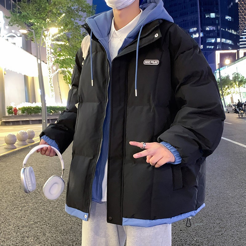 Student Older Children Winter New Hong Kong Style Loose Fake Two-Piece Hooded Cotton-Padded Jacket All-Matching Casual Jacket - Image 5