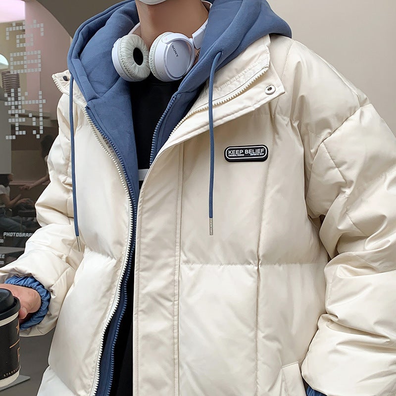 Student Older Children Winter New Hong Kong Style Loose Fake Two-Piece Hooded Cotton-Padded Jacket All-Matching Casual Jacket - Image 4