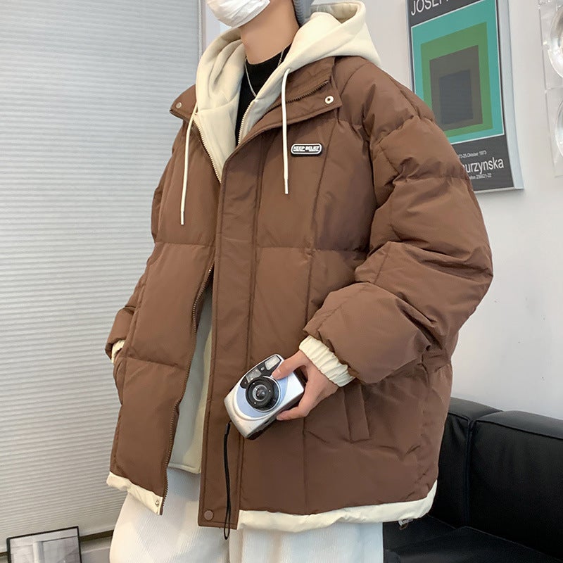 Student Older Children Winter New Hong Kong Style Loose Fake Two-Piece Hooded Cotton-Padded Jacket All-Matching Casual Jacket - Image 1