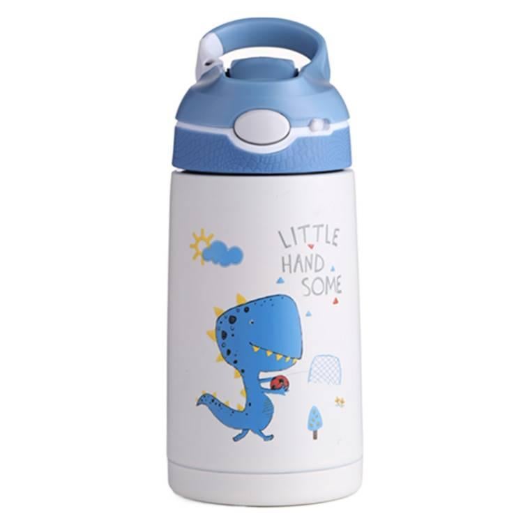 قارورة مياه للأطفال بغطاء بشفاط وغطاء بفتح زر من ستانلس ستيل باللون الأزرق - 400 ml مع غطاء بقشة من الستانلس ستيل - Image 1