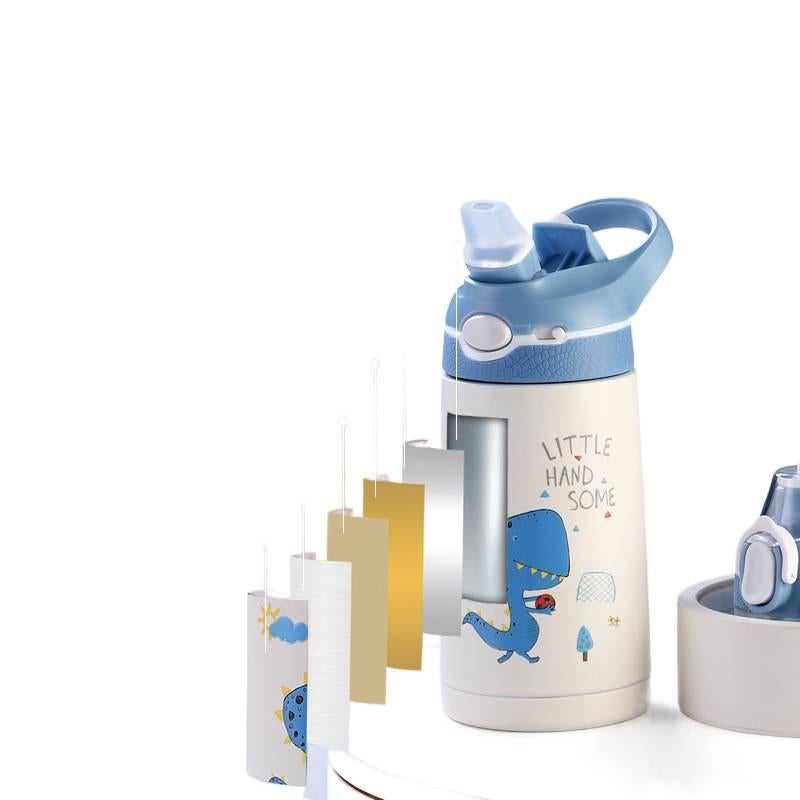 قارورة مياه للأطفال بغطاء بشفاط وغطاء بفتح زر من ستانلس ستيل باللون الأزرق - 400 ml مع غطاء بقشة من الستانلس ستيل - Image 4