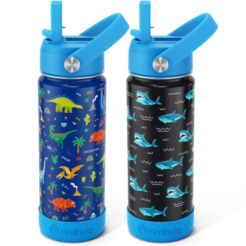 Fimibuke Kids Insulated Water Bottle 18oz BPA FREE Kids Cups with Straw Double Wall Vacuum Tumbler 188 Stainless Steel Leak Proof Toddler Water Bottle for School Boys Girls 2 Pack DinosaurShark