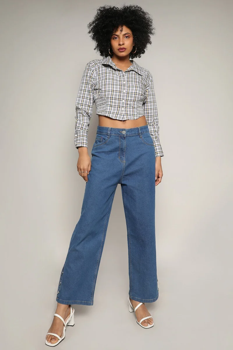 Pinacolada  Women's Olive Green Tartan Plaid Cinched Cropped Shirt for Women | Best Price UAE