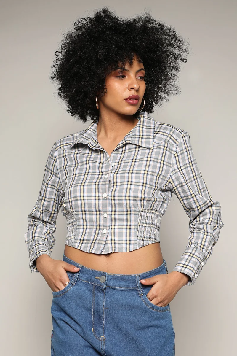 Women's Olive Green Tartan Plaid Cinched Cropped Shirt