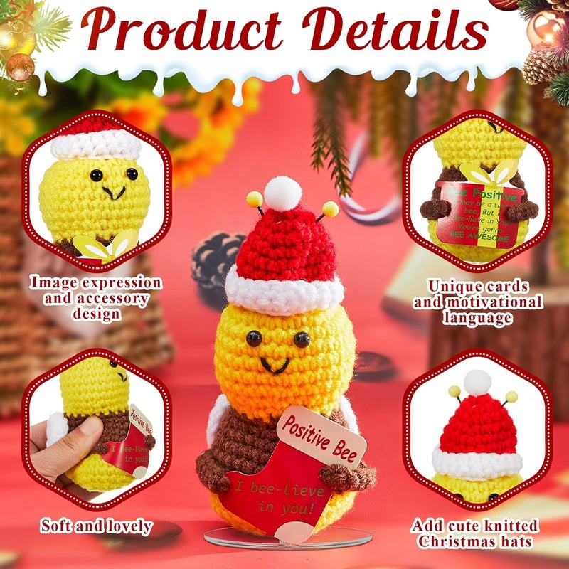 Henoyso 3 Pcs, Positive Mini Crochet Bee Gift with Cards Soft Wool Handmade Knitted Bee Doll for Friends, Parties, Birthdays, Christmas Party Gift - Image 3
