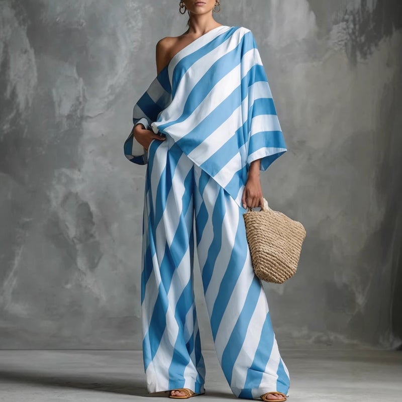 Retro Striped Print Top and Wide Leg Pants Set - Image 3
