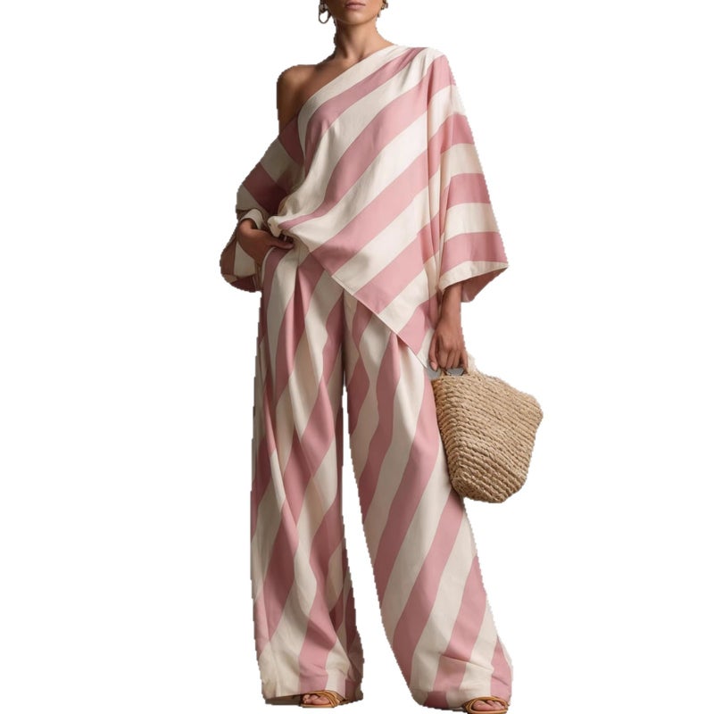 Retro Striped Print Top and Wide Leg Pants Set - Image 4