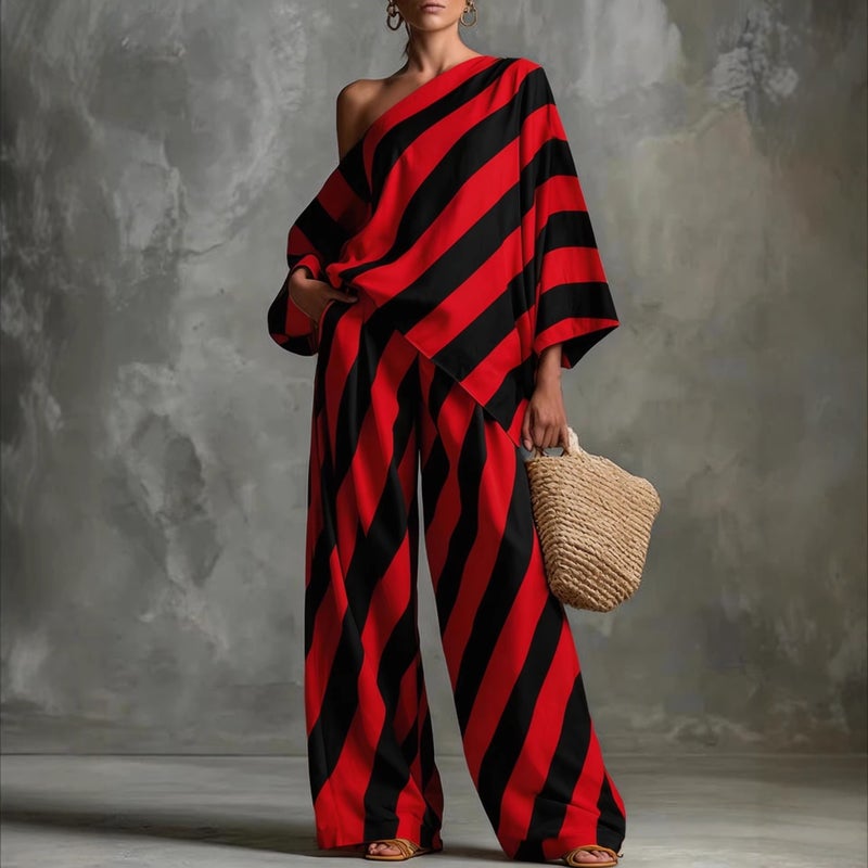 Retro Striped Print Top and Wide Leg Pants Set - Image 2