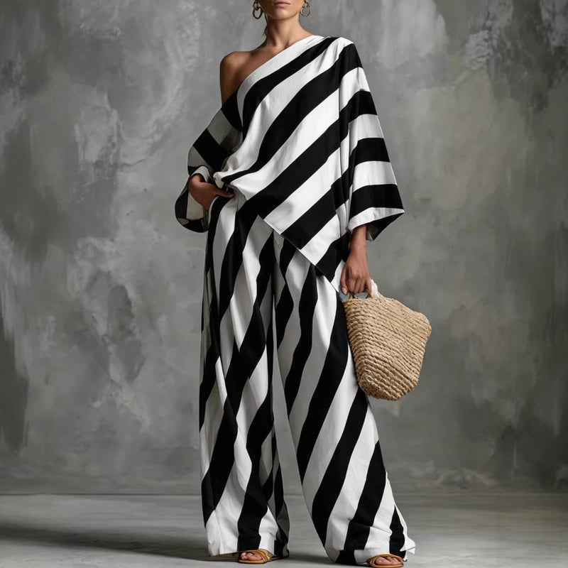 Retro Striped Print Top and Wide Leg Pants Set - Image 1