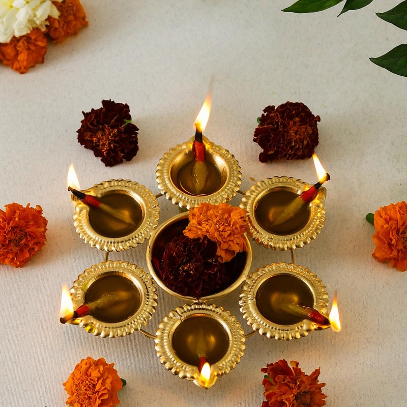 Klassic Unique and Antique Handcrafted 6 Diya Shape Flower Decorative Urli Bowl | for Floating Flowers and Tea Light Candles | Home and Office Decor | Diwali Decoration Items (8 Inch, Pack of 1) - Image 4