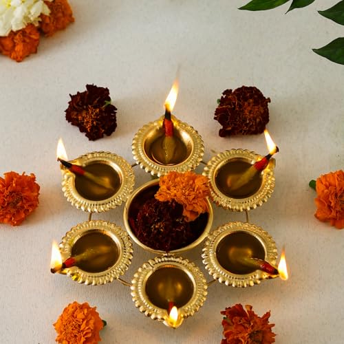 Klassic Unique and Antique Handcrafted 6 Diya Shape Flower Decorative Urli Bowl | for Floating Flowers and Tea Light Candles | Home and Office Decor | Diwali Decoration Items (8 Inch, Pack of 1) - Image 1