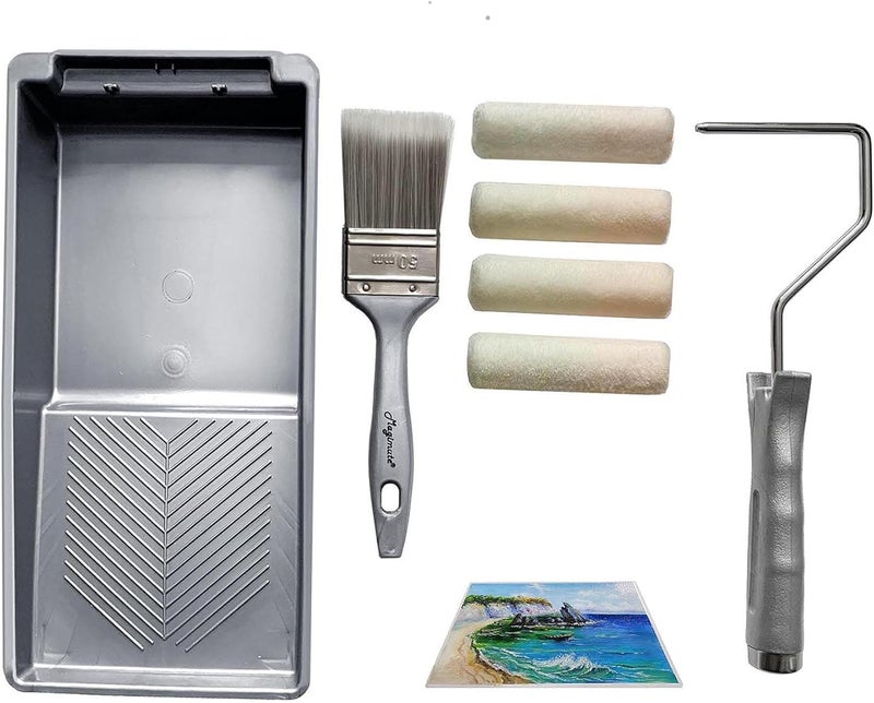 Magimate Professional Paint Roller Kit Featuring with Threaded Roller Handle, Microfiber Covers, Little Paint Tray and Stain Brush for Household Touch-ups and Trimming – 4 Inches Small Set (7-Pack) - Image 1