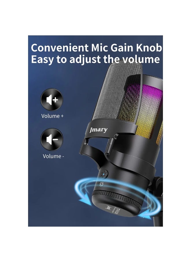 ميكروفون سطح المكتب RGB USB MC-PW13، ميكروفون مكثف للتوصيل والتشغيل مع مراقبة بدون تأخير، مقبض مكسب قابل للتعديل، كتم الصوت بلمسة واحدة، مرشح بوب قابل للفصل، مثالي للبث المباشر والتدوين الصوتي والألعاب والتسجيل، متوافق مع أجهزة الكمبيوتر الشخصية والكمبيوتر المحمول والكمبيوتر اللوحي والهاتف المحمول