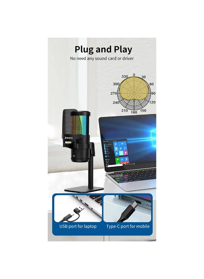 ميكروفون سطح المكتب RGB USB MC-PW13، ميكروفون مكثف للتوصيل والتشغيل مع مراقبة بدون تأخير، مقبض مكسب قابل للتعديل، كتم الصوت بلمسة واحدة، مرشح بوب قابل للفصل، مثالي للبث المباشر والتدوين الصوتي والألعاب والتسجيل، متوافق مع أجهزة الكمبيوتر الشخصية والكمبيوتر المحمول والكمبيوتر اللوحي والهاتف المحمول