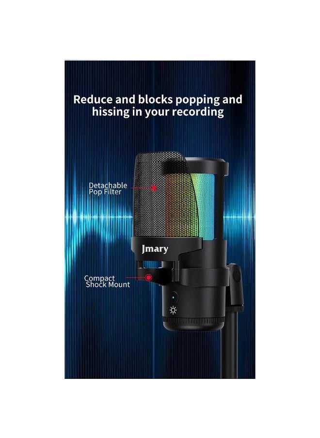 ميكروفون سطح المكتب RGB USB MC-PW13، ميكروفون مكثف للتوصيل والتشغيل مع مراقبة بدون تأخير، مقبض مكسب قابل للتعديل، كتم الصوت بلمسة واحدة، مرشح بوب قابل للفصل، مثالي للبث المباشر والتدوين الصوتي والألعاب والتسجيل، متوافق مع أجهزة الكمبيوتر الشخصية والكمبيوتر المحمول والكمبيوتر اللوحي والهاتف المحمول