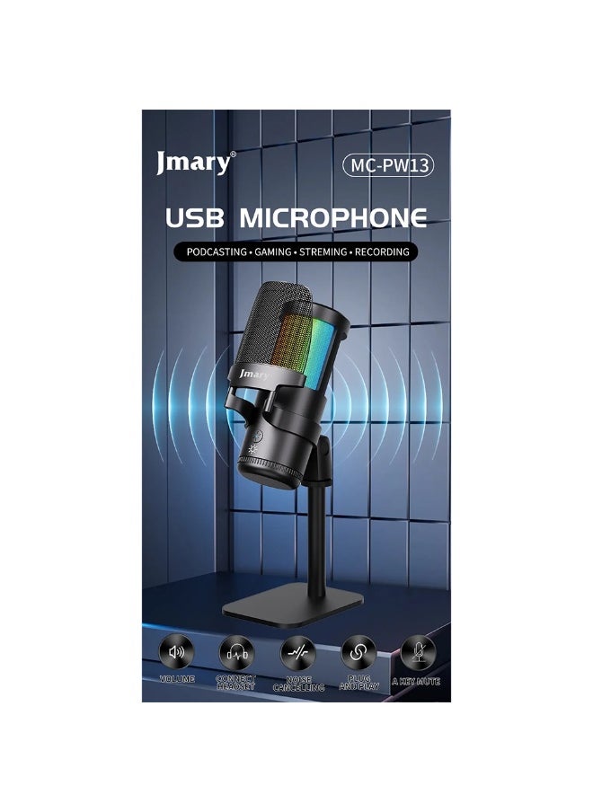 ميكروفون سطح المكتب RGB USB MC-PW13، ميكروفون مكثف للتوصيل والتشغيل مع مراقبة بدون تأخير، مقبض مكسب قابل للتعديل، كتم الصوت بلمسة واحدة، مرشح بوب قابل للفصل، مثالي للبث المباشر والتدوين الصوتي والألعاب والتسجيل، متوافق مع أجهزة الكمبيوتر الشخصية والكمبيوتر المحمول والكمبيوتر اللوحي والهاتف المحمول