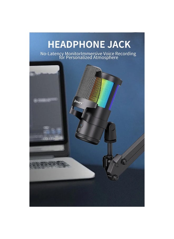 ميكروفون سطح المكتب RGB USB MC-PW13، ميكروفون مكثف للتوصيل والتشغيل مع مراقبة بدون تأخير، مقبض مكسب قابل للتعديل، كتم الصوت بلمسة واحدة، مرشح بوب قابل للفصل، مثالي للبث المباشر والتدوين الصوتي والألعاب والتسجيل، متوافق مع أجهزة الكمبيوتر الشخصية والكمبيوتر المحمول والكمبيوتر اللوحي والهاتف المحمول