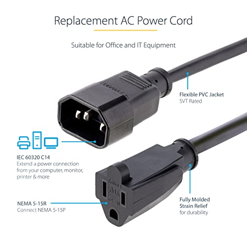 StarTech.com 1ft (0.3m) Power Extension Cord, IEC 320 C14 to NEMA 5-15R, 10A 125V, 18AWG, Black Computer Power Extension Cord, AC Outlet Extension Cable for Network Equipment, UL Listed (PAC100) - Image 4