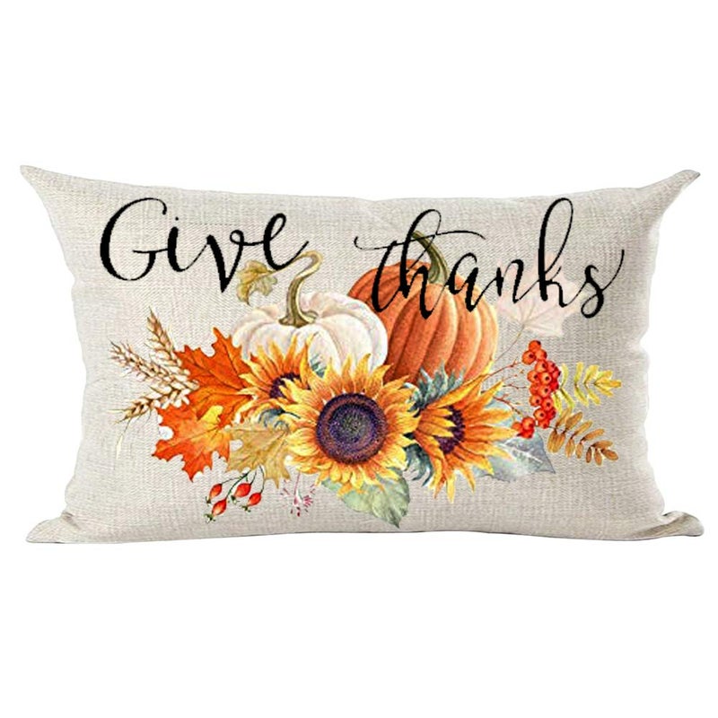 Ramirar Ink Painting Orange Pumpkins Sunflowers Maple Leaves Give Thanks Fall Decorative Lumbar Throw Pillow Cover Case Home Living Room Bed Sofa Car Cotton Linen Rectangular 12 x 20 Inches - Image 3