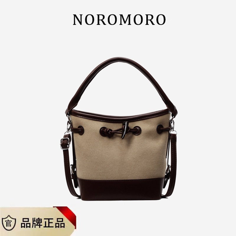 Women'S New Canvas Color-Blocking Tote Bucket Bag Street Fashion Textured Drawstring Shoulder Crossbody Bag - Image 1