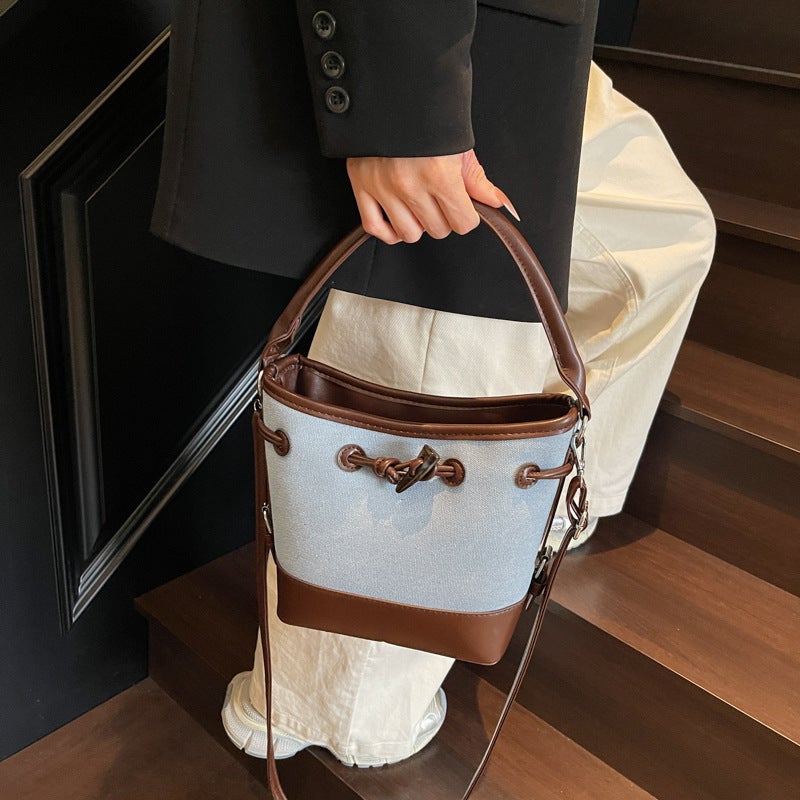 Women'S New Canvas Color-Blocking Tote Bucket Bag Street Fashion Textured Drawstring Shoulder Crossbody Bag - Image 4
