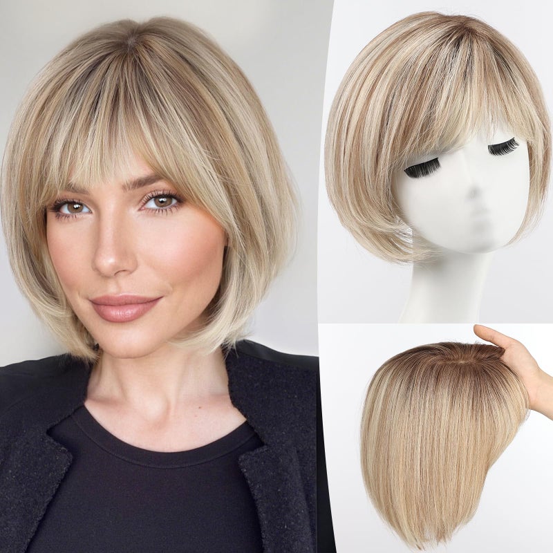 starluck Hair Topper for Women Real Human Hair 6.5"x6.5" Base ombre Blonde with Brown Highlight(T4/613/6#) Short Bob with Bangs Side Part SilkHug HairTopper for Women with ThinngHair Cover Gray Roots - Image 1