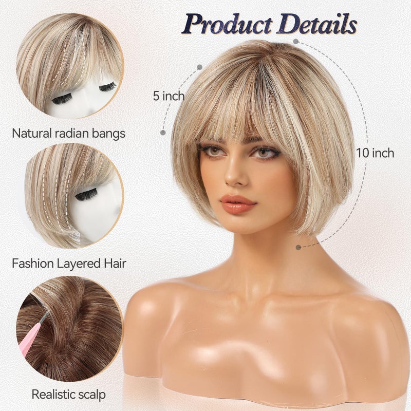 starluck Hair Topper for Women Real Human Hair 6.5"x6.5" Base ombre Blonde with Brown Highlight(T4/613/6#) Short Bob with Bangs Side Part SilkHug HairTopper for Women with ThinngHair Cover Gray Roots - Image 3