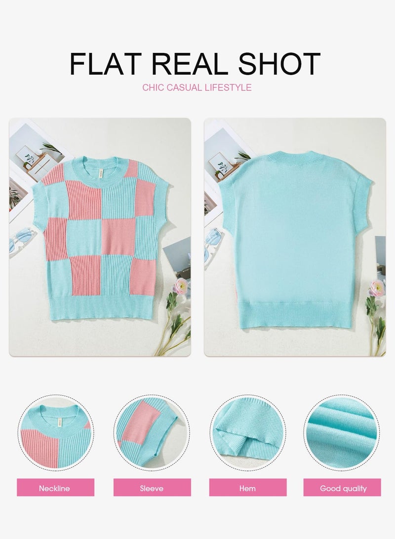 EVALESS Women's Sweater Vest Short Sleeve Crew Neck Knit Color Block Checkered Sweaters 2026 Fall Spring Summer Casual Going Out Tops Cute Casual Vacation Clothing Light Pink Large - Image 5