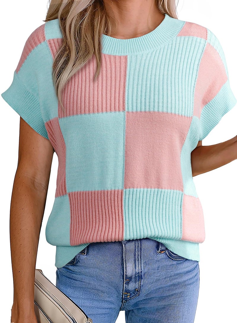 EVALESS Women's Sweater Vest Short Sleeve Crew Neck Knit Color Block Checkered Sweaters 2026 Fall Spring Summer Casual Going Out Tops Cute Casual Vacation Clothing Light Pink Large - Image 1