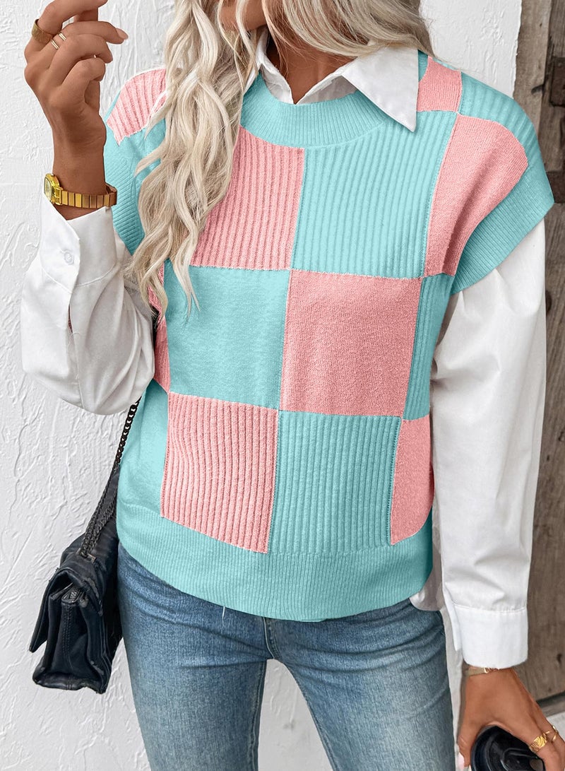 EVALESS Women's Sweater Vest Short Sleeve Crew Neck Knit Color Block Checkered Sweaters 2026 Fall Spring Summer Casual Going Out Tops Cute Casual Vacation Clothing Light Pink Large - Image 4