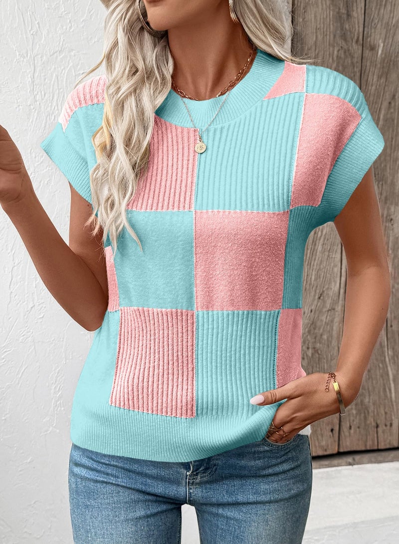 EVALESS Women's Sweater Vest Short Sleeve Crew Neck Knit Color Block Checkered Sweaters 2026 Fall Spring Summer Casual Going Out Tops Cute Casual Vacation Clothing Light Pink Large - Image 2
