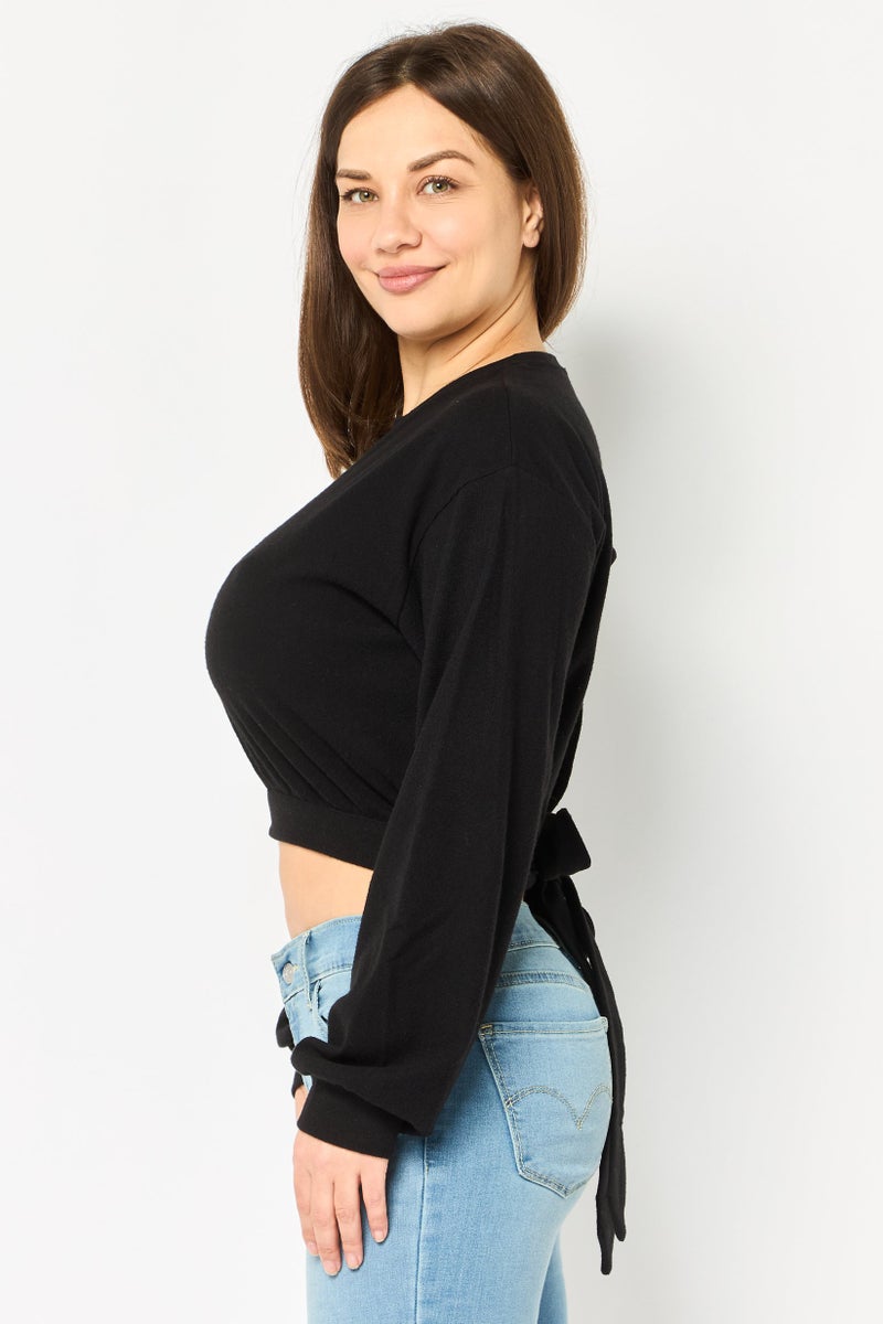 NIA Women Round Neck Long Sleeve Open Back Plain Top, Black - Image 3