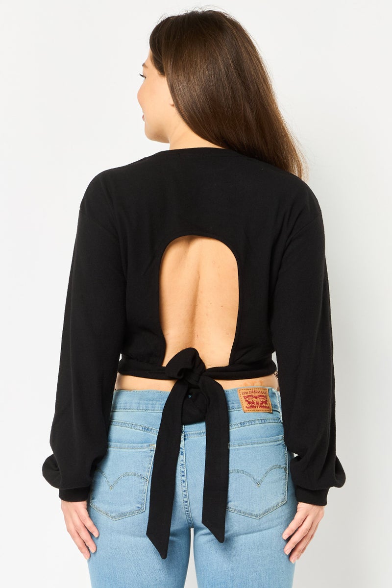 NIA Women Round Neck Long Sleeve Open Back Plain Top, Black - Image 2