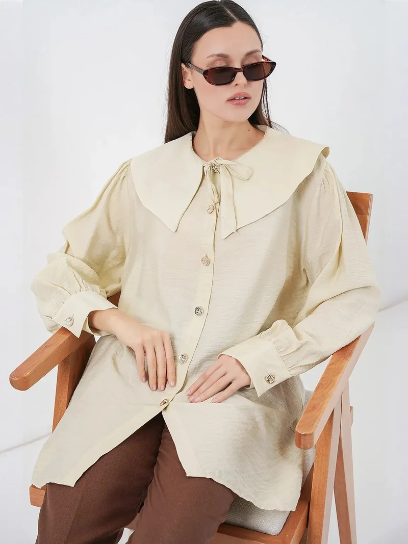 بيغ دارت BDART Long Loose Fit Blouse with Baby Collar and Bow Detail